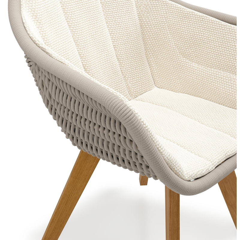 Pagino tuinstoel in teak en beige verticaal geweven ronde rope met zitkussen in All Weather Cosytica Althea Off White