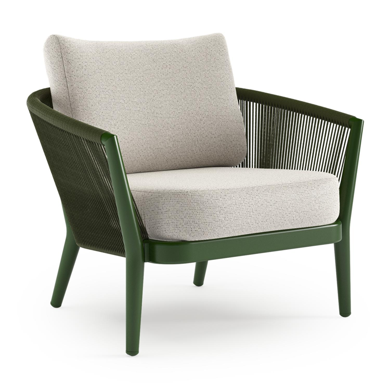 Orso loungestoel in groen aluminium en groen verticaal geweven ronde rope met Firenze Natural all weather solica kussen