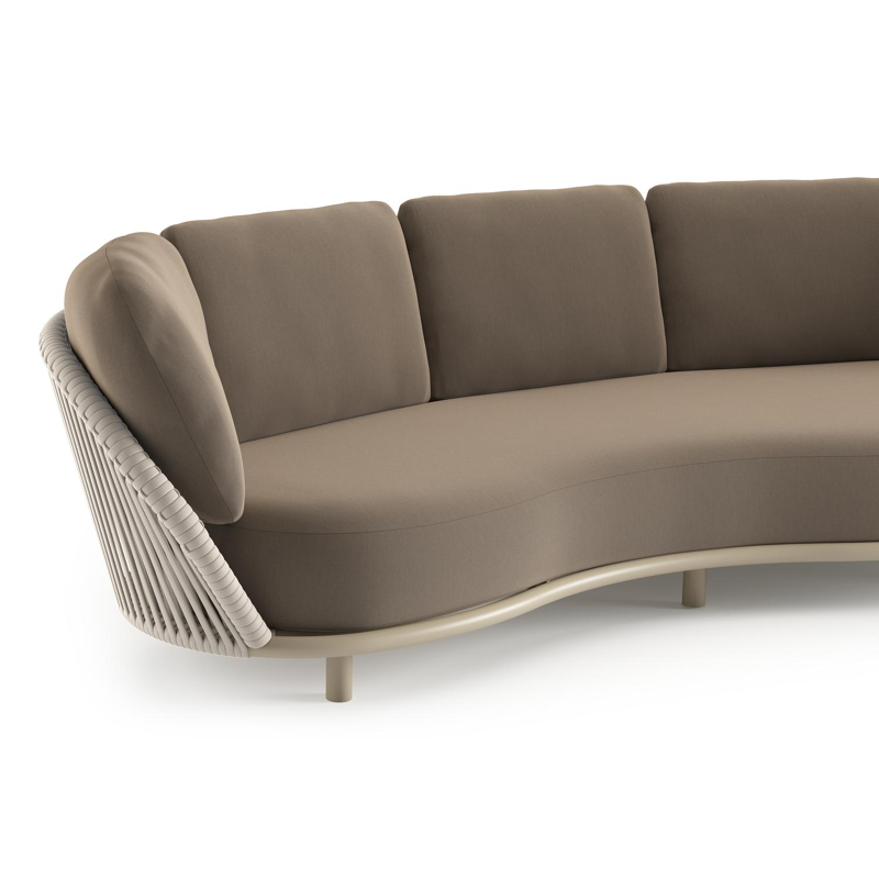 Lupino loungeset in beige aluminium en beige verticaal geweven luxe vlakke brede rope met natte heather grey all weather sunbrella® luxe kussen