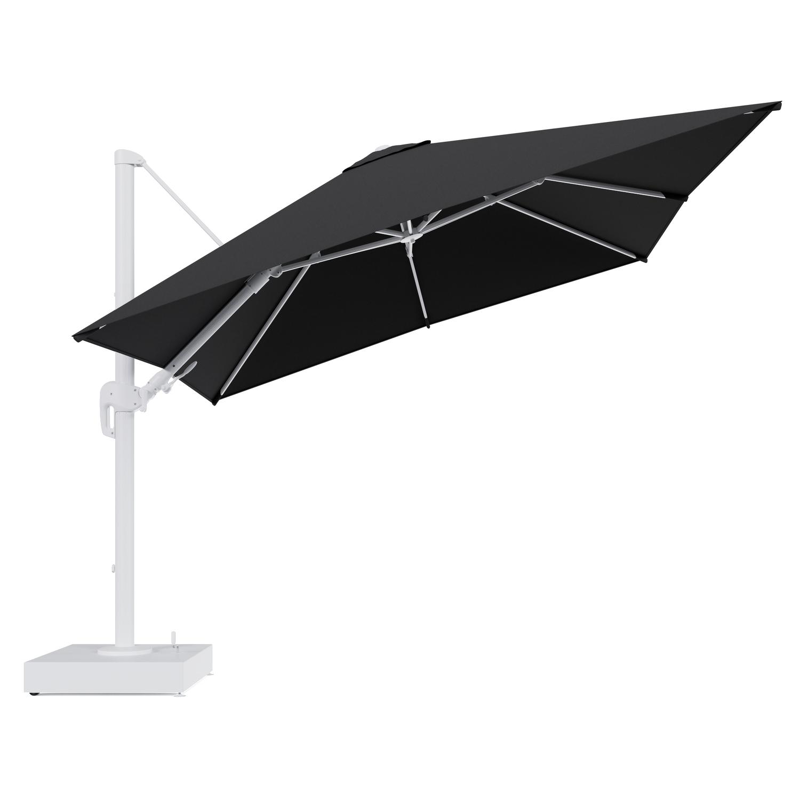 Rufina zweefparasol met tiltfunctie in wit aluminium en Natte Sooty All Weather Sunbrella® Luxe parasoldoek - L1 300 x L2 300 cm met parasolvoet Minore 150 kg met wielen