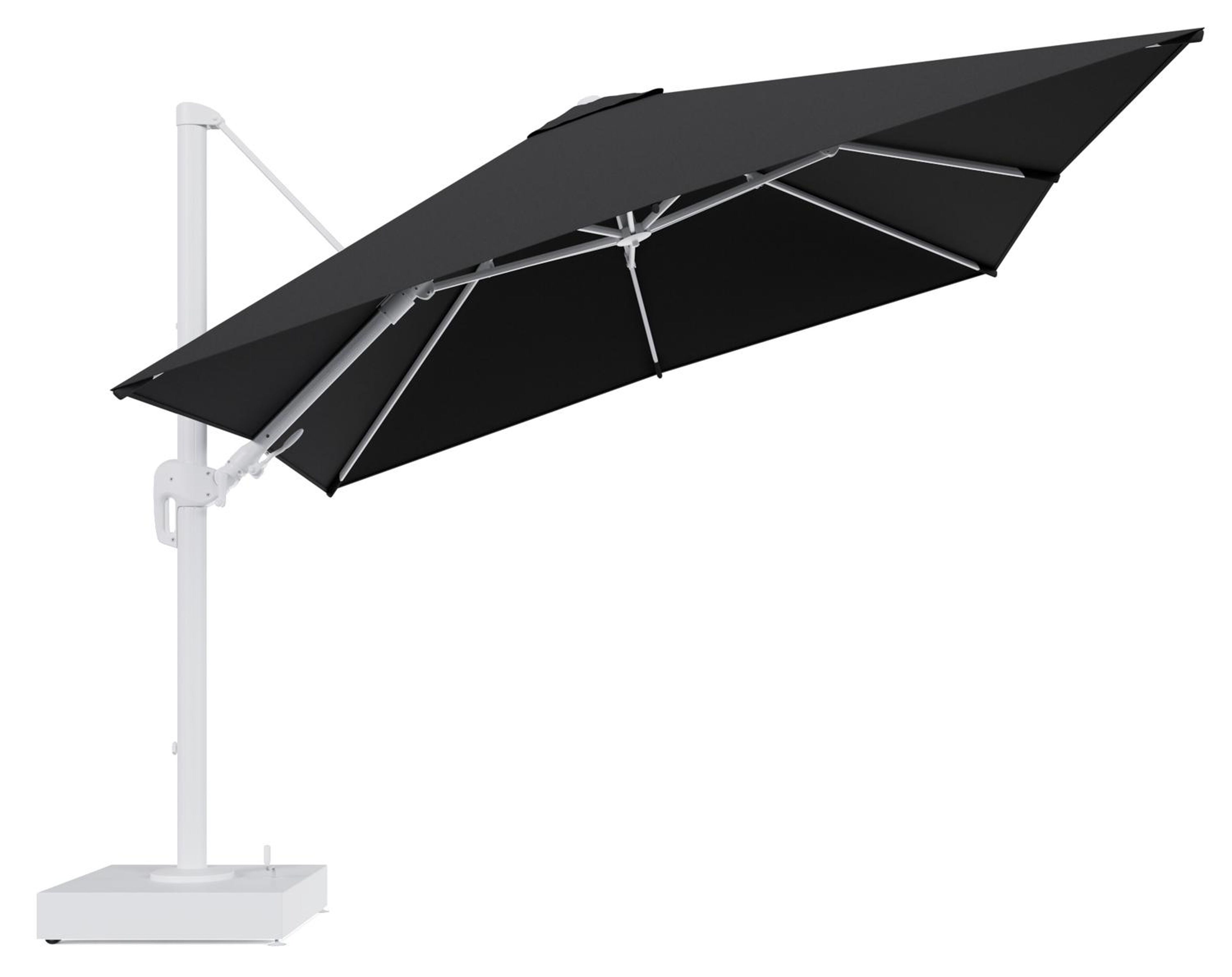 Rufina zweefparasol met tiltfunctie in wit aluminium en Natte Sooty All Weather Sunbrella® Luxe parasoldoek - L1 300 x L2 300 cm met parasolvoet Minore 150 kg met wielen