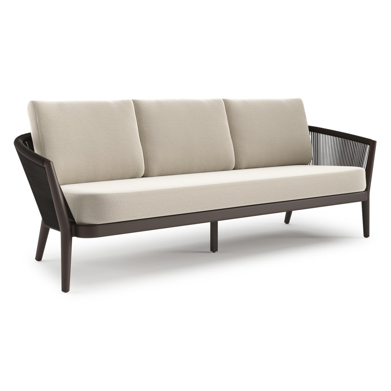 Orso loungebank in donkerbruin aluminium en donkerbruin verticaal geweven ronde rope met Lopi Marble all weather sunbrella® luxe kussen