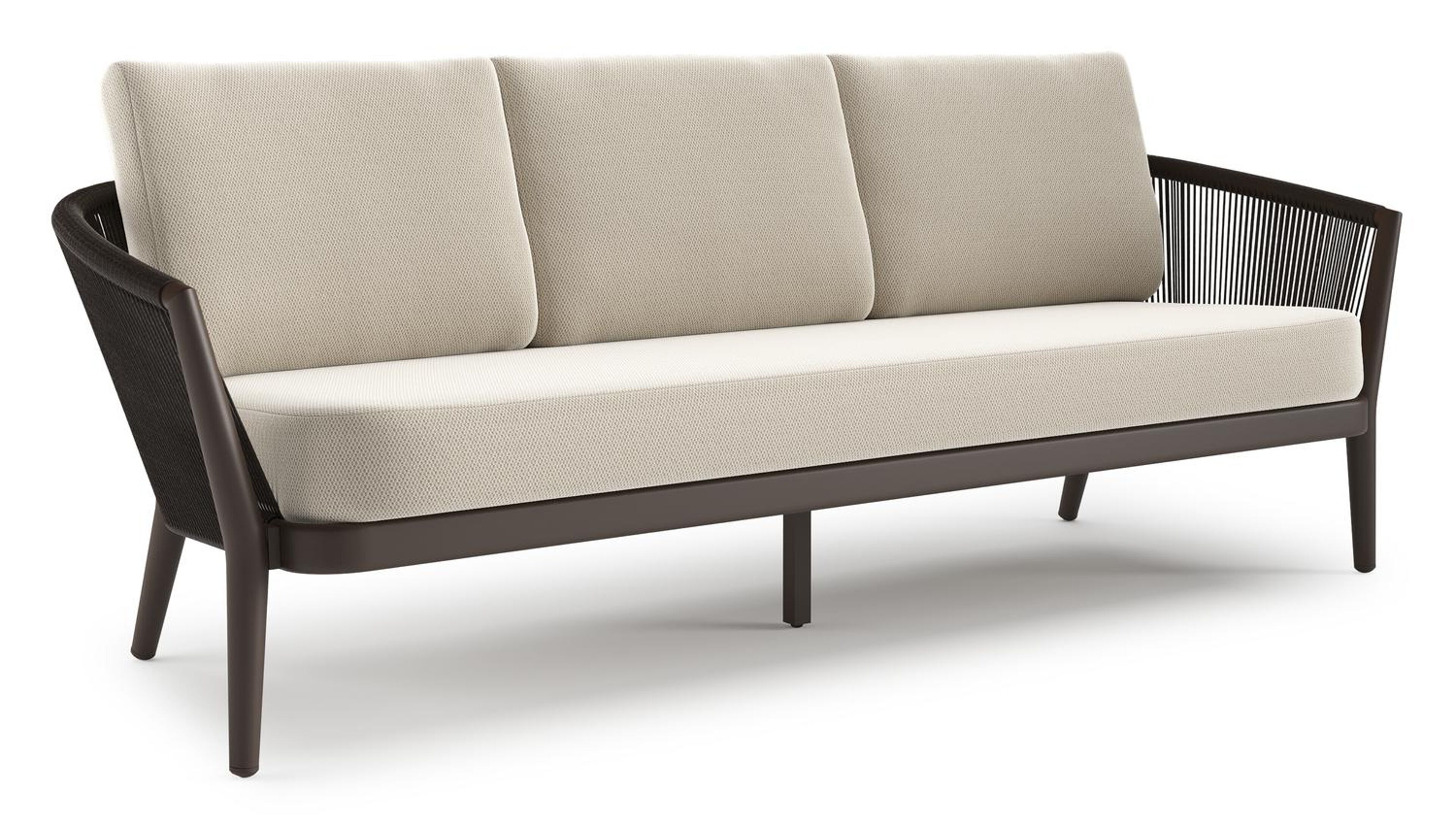 Orso loungebank in donkerbruin aluminium en donkerbruin verticaal geweven ronde rope met Lopi Marble all weather sunbrella® luxe kussen