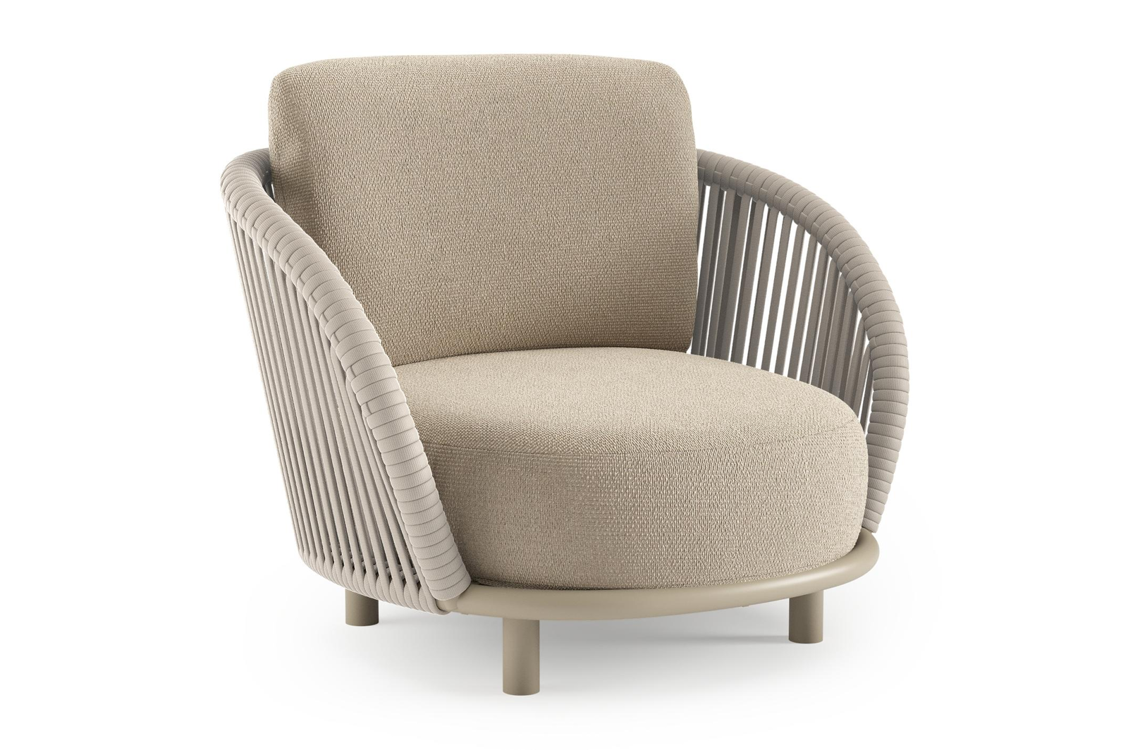 Lupino loungestoel in beige aluminium en beige verticaal geweven luxe vlakke brede rope met althea chalk all weather cosytica kussen