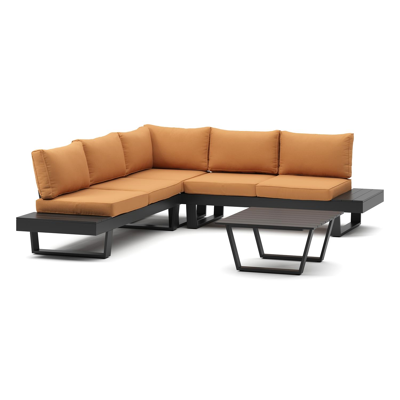 Alora loungehoek in zwart aluminium met pumpkin polyester kussens en loungetafel