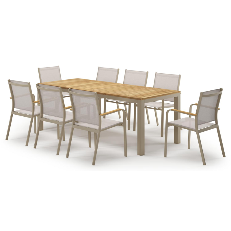 Ensemble de jardin Varese en aluminium beige et teck avec 8 chaises de jardin Amalfi