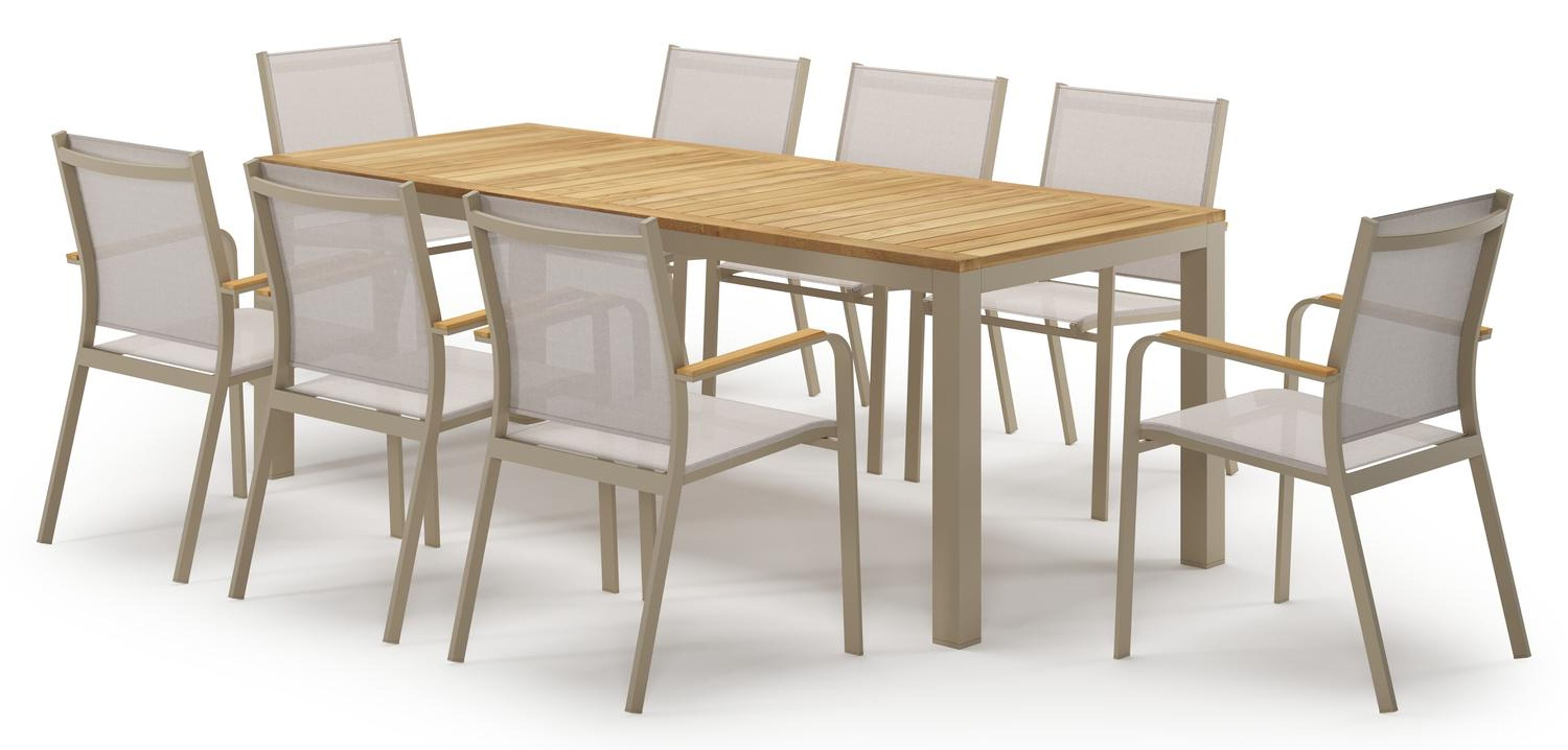 Ensemble de jardin Varese en aluminium beige et teck avec 8 chaises de jardin Amalfi