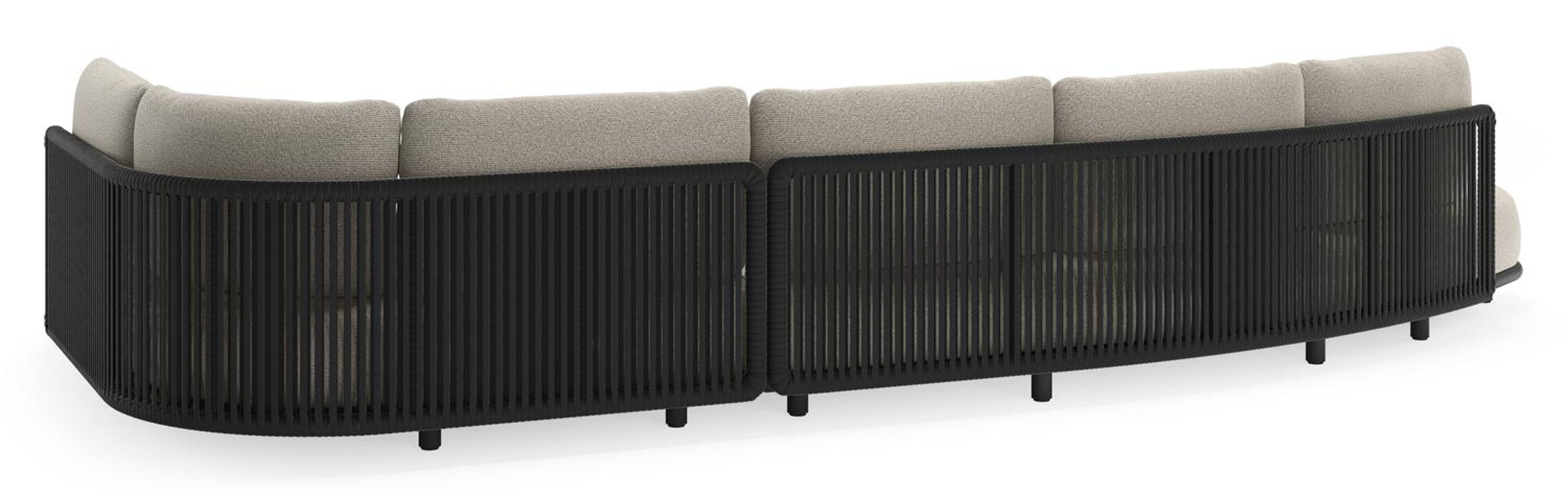 Salon de jardin d'angle Lomano en aluminium noir et corde luxe plate tissée verticalement noir et coussins en all weather solica firenze sand