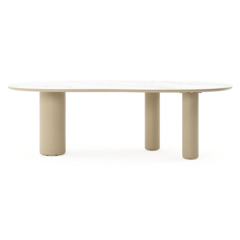 Table de jardin Amico organique en aluminium beige et céramique pleine Calacatta - Lg. 240 x Lrg. 110 x Haut. 74 cm