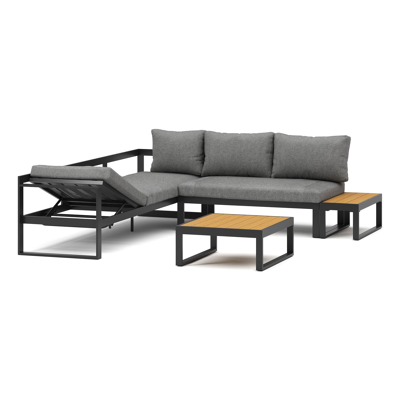 Salon de jardin d'angle Caldela en aluminium noir et polywood avec coussin en gris polyester et table basse