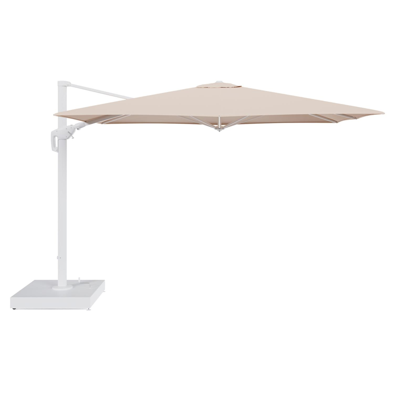 Minore zweefparasol met tiltfunctie in wit aluminium en Natte Linen Chalk All Weather Sunbrella® Luxe parasoldoek - L1 280 x L2: 370 cm met parasolvoet Minore 260 kg met wielen