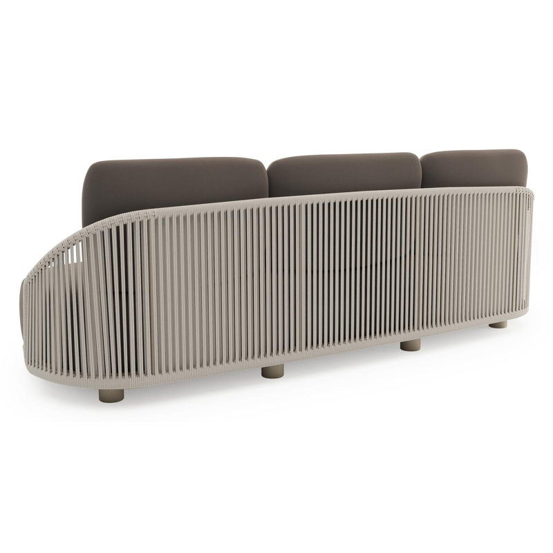 Salon de jardin Vadelo en aluminium beige et corde ronde tissée verticalement beige et coussins en all weather sunbrella® luxe natte nature grey