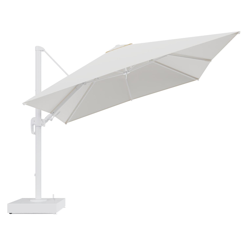 Rufina zweefparasol met tiltfunctie in wit aluminium en Natte White All Weather Sunbrella® Luxe parasoldoek - L1 300 x L2 300 cm met parasolvoet Minore 150 kg met wielen