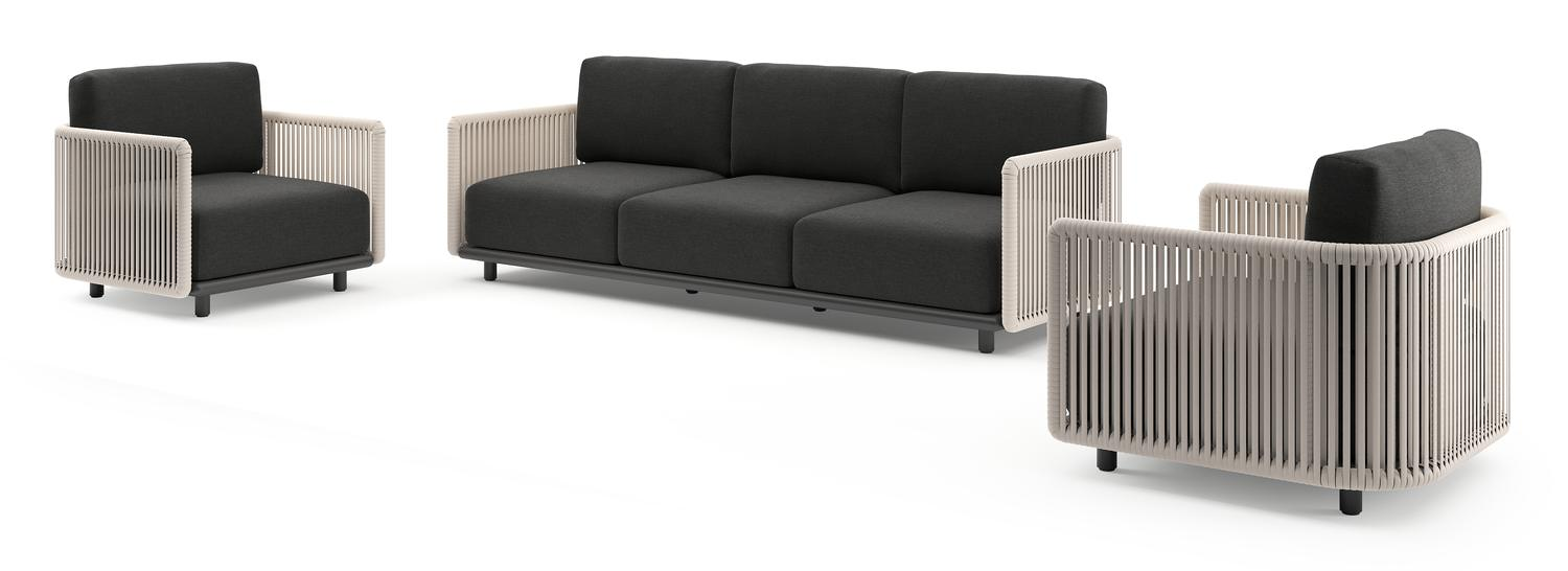 Organo loungeset in zwart aluminium en beige verticaal geweven luxe vlakke rope met chartres sooty all weather sunbrella® luxe kussens