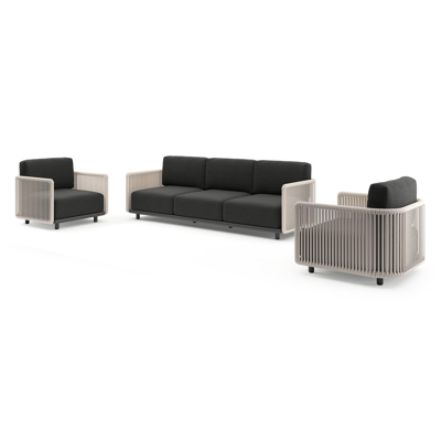 Organo loungeset in zwart aluminium en beige verticaal geweven luxe vlakke rope met chartres sooty all weather sunbrella® luxe kussens