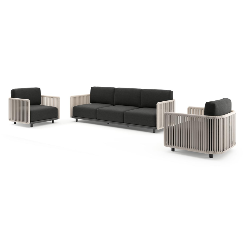 Organo loungeset in zwart aluminium en beige verticaal geweven luxe vlakke rope met chartres sooty all weather sunbrella® luxe kussens