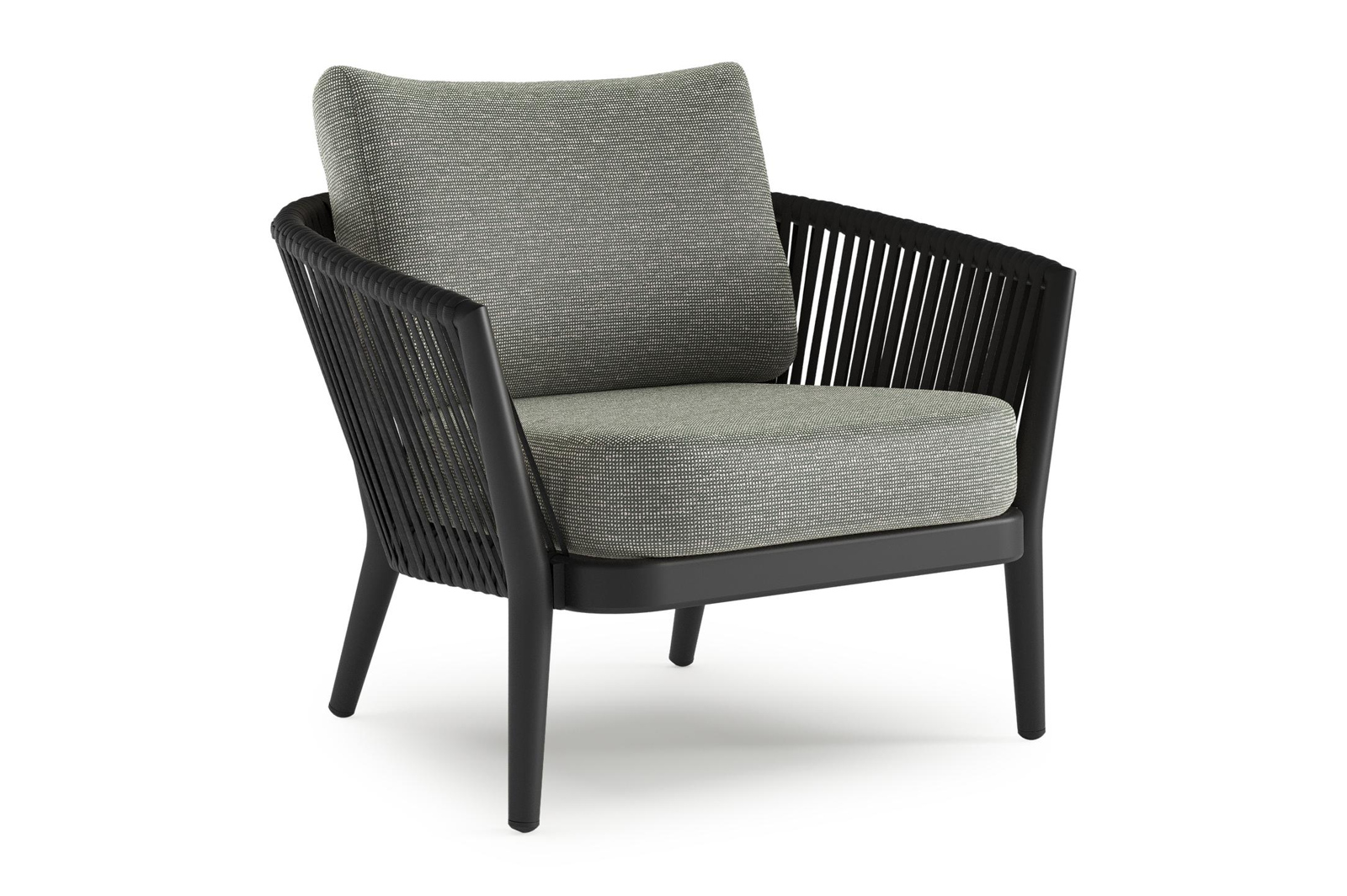 Orso loungestoel in zwart aluminium en zwart verticaal geweven luxe vlakke rope met Slow Fern all weather sunbrella® luxe kussen