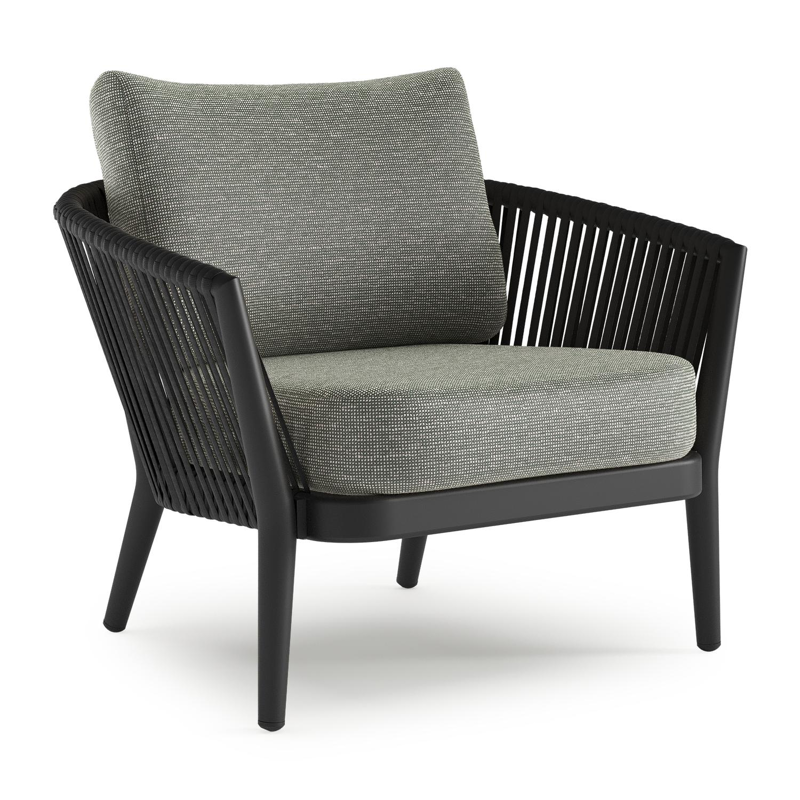 Orso loungestoel in zwart aluminium en zwart verticaal geweven luxe vlakke rope met Slow Fern all weather sunbrella® luxe kussen