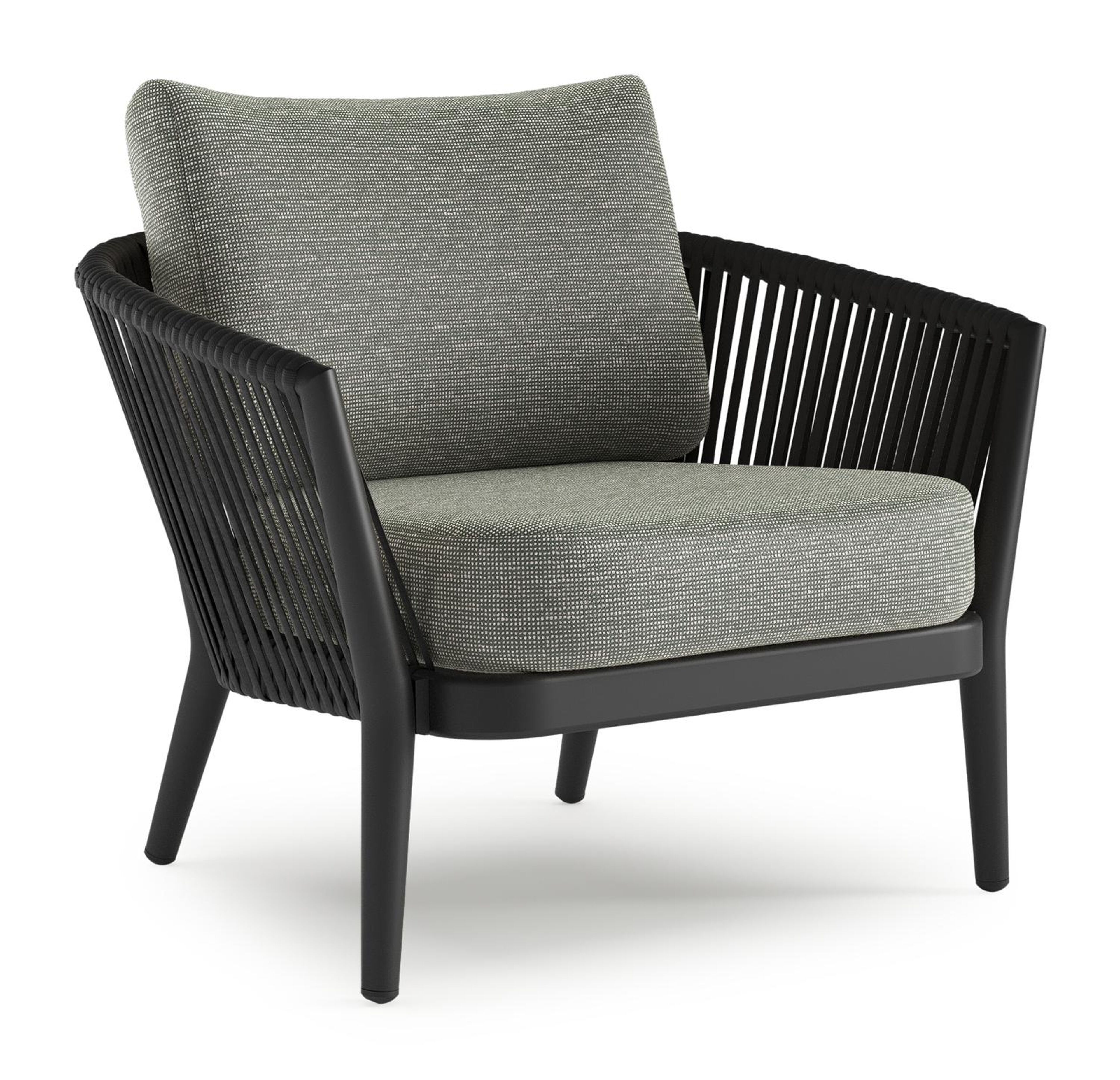 Orso loungestoel in zwart aluminium en zwart verticaal geweven luxe vlakke rope met Slow Fern all weather sunbrella® luxe kussen