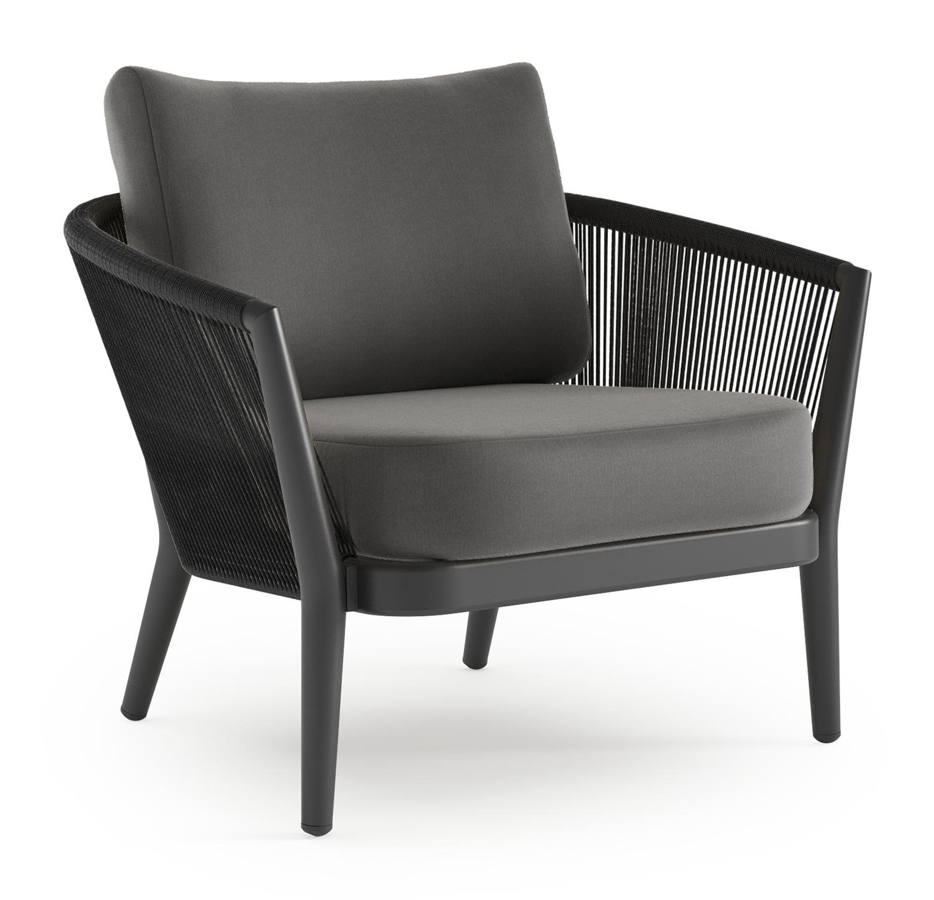 Orso loungestoel 1-zit in zwart aluminium en zwart verticaal geweven ronde rope met natte charcoal chine all weather sunbrella® luxe kussen