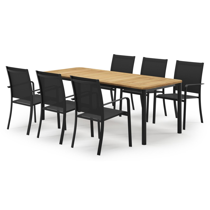 Mira rechthoekige afgeronde tuinset in zwart aluminium en teak natural finish met 6 Calobra tuinstoelen