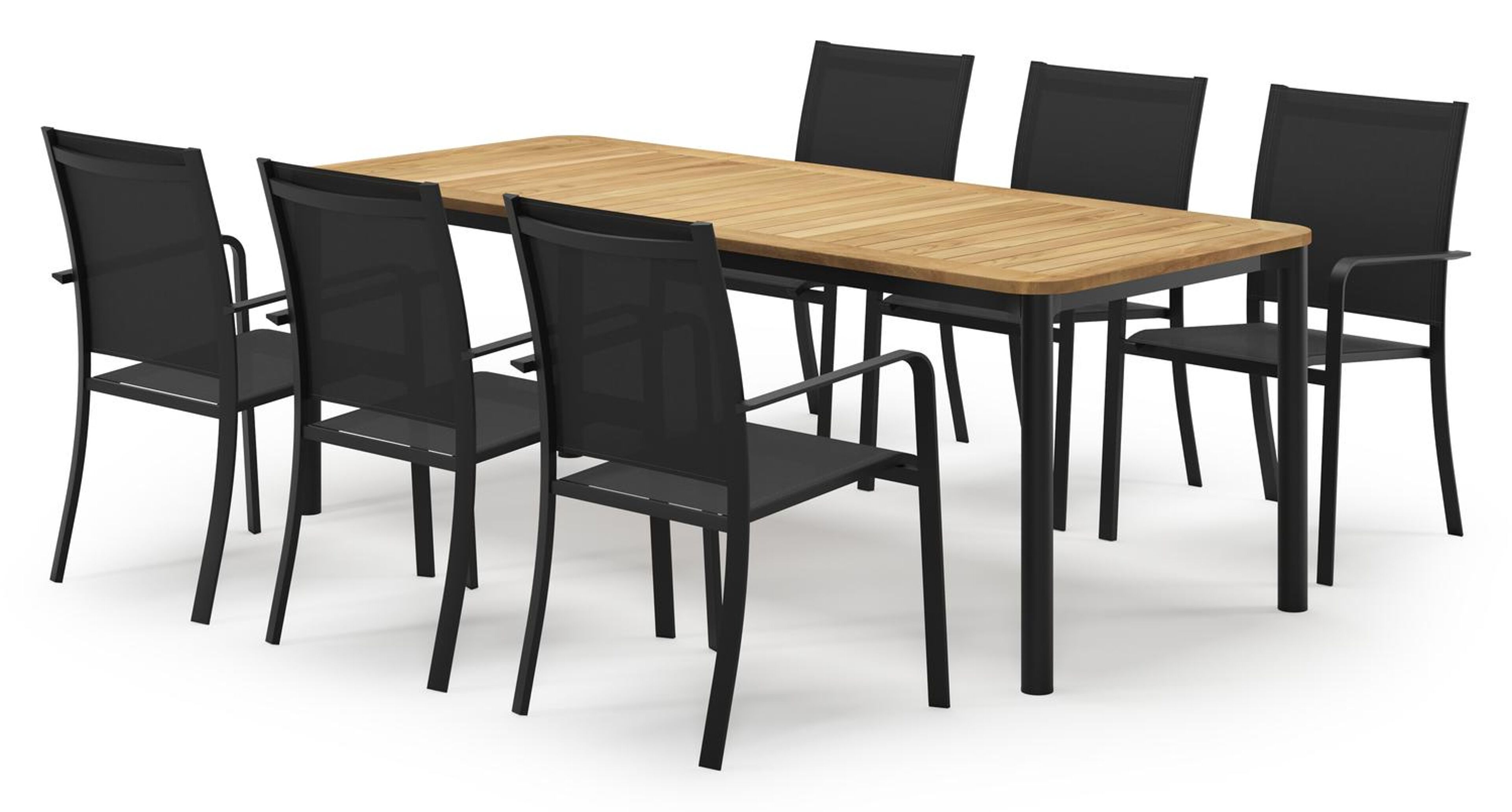 Mira rechthoekige afgeronde tuinset in zwart aluminium en teak natural finish met 6 Calobra tuinstoelen