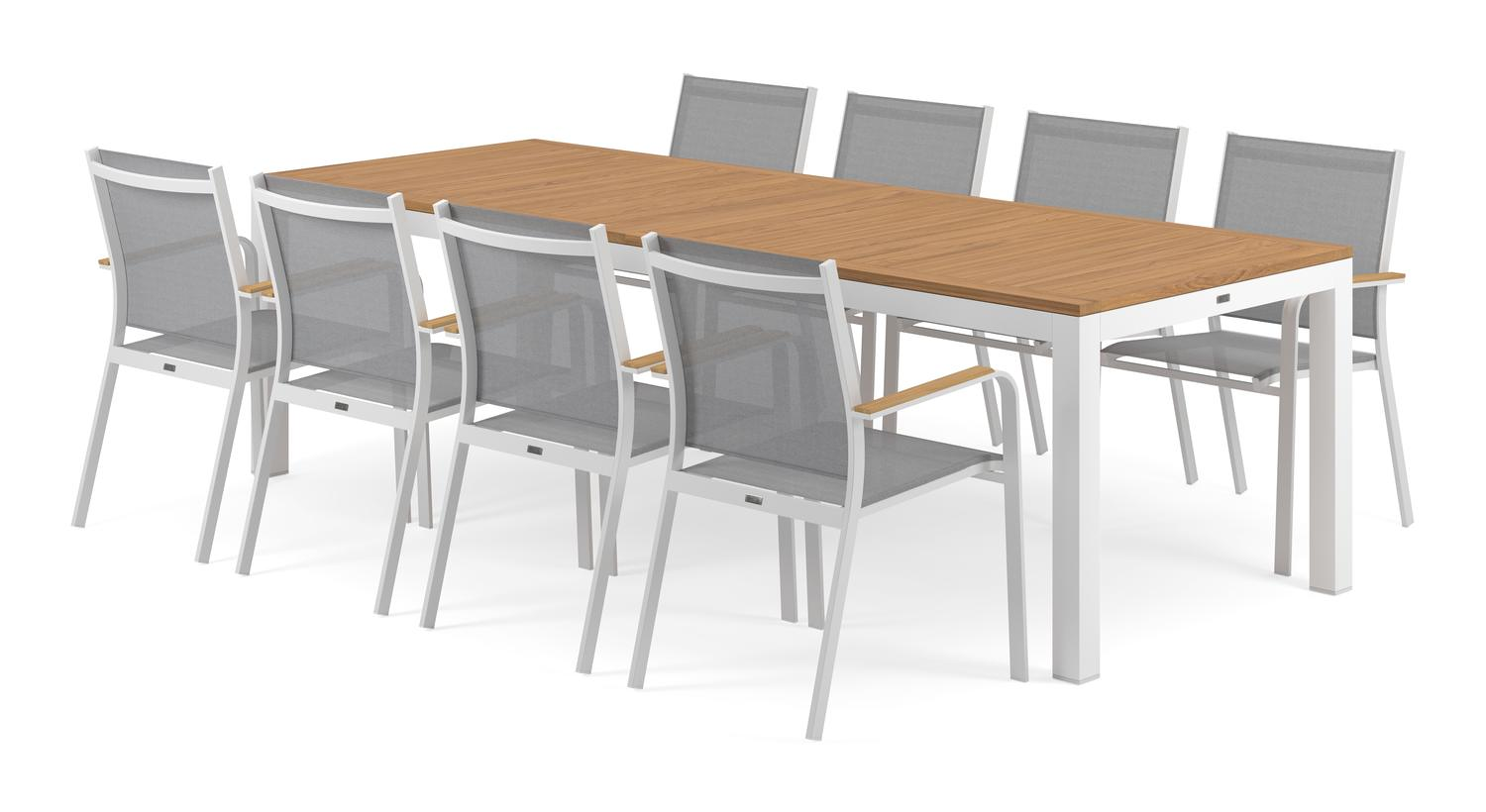 Varese tuinset in wit aluminium en naturel teak tafelblad met 8 stapelbare Amalfi tuinstoelen