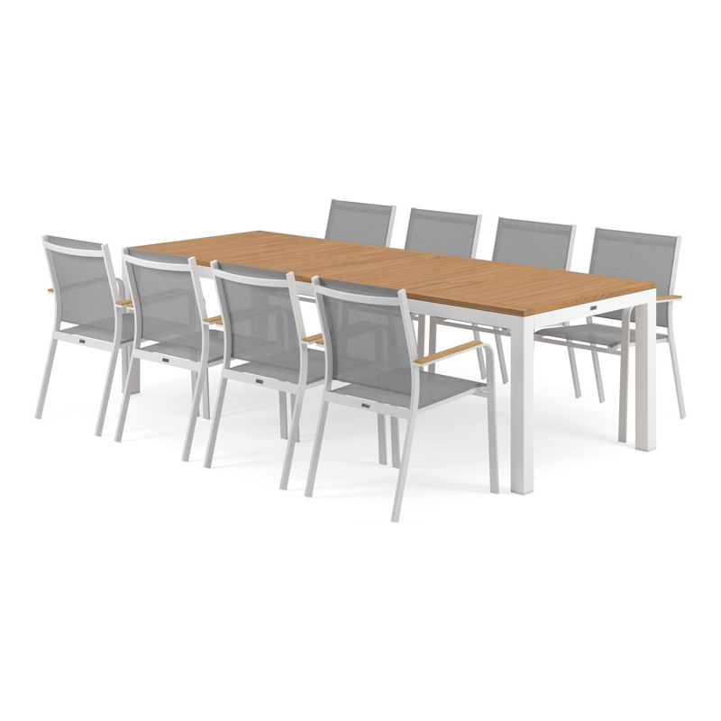 Varese tuinset in wit aluminium en naturel teak tafelblad met 8 stapelbare Amalfi tuinstoelen