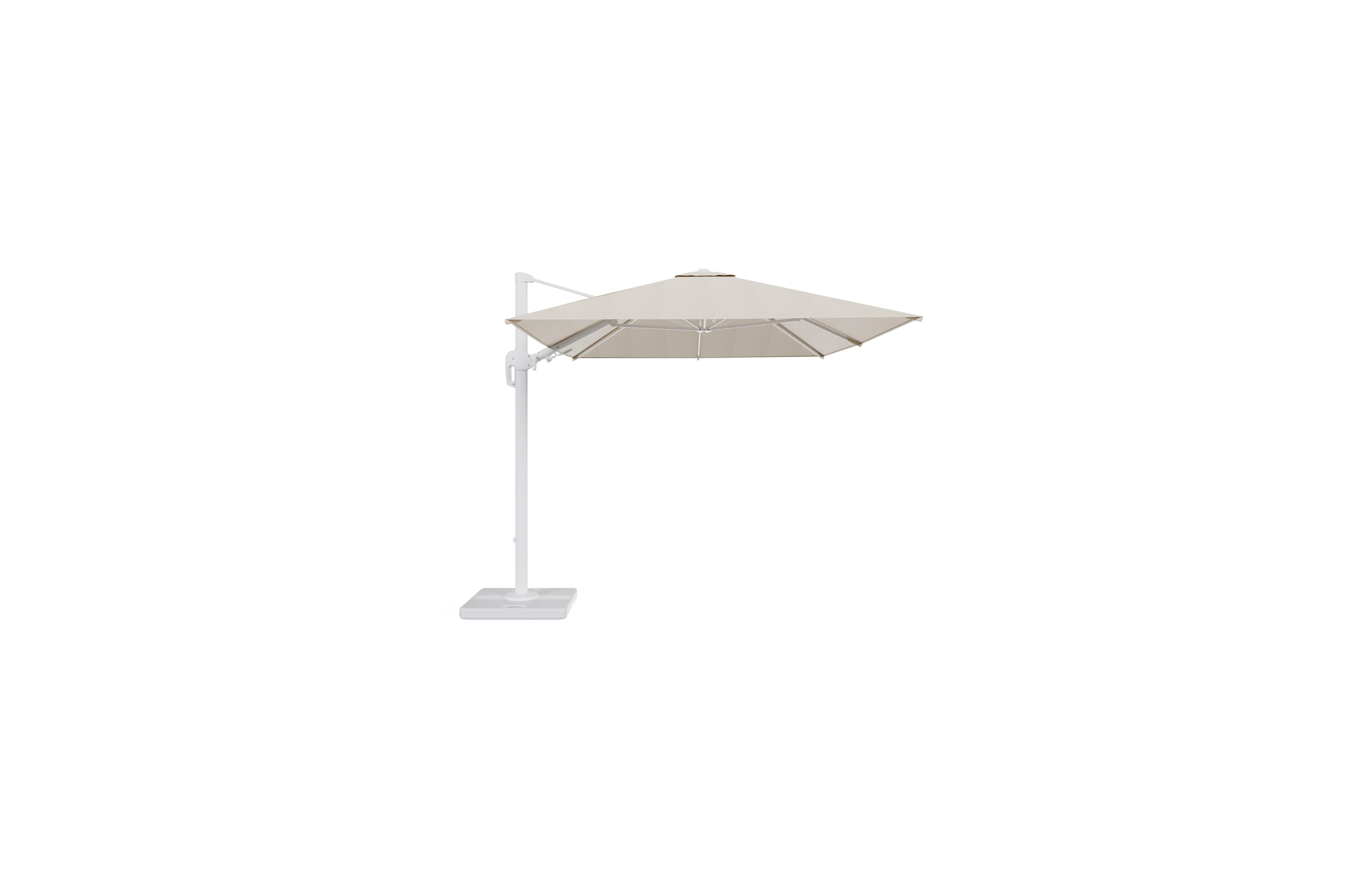 Rufina zweefparasol met tiltfunctie in wit aluminium met beige all weather sunbrella® premium parasoldoek - L1 350 x L2 250 cm met parasolvoet Lapido 120 kg