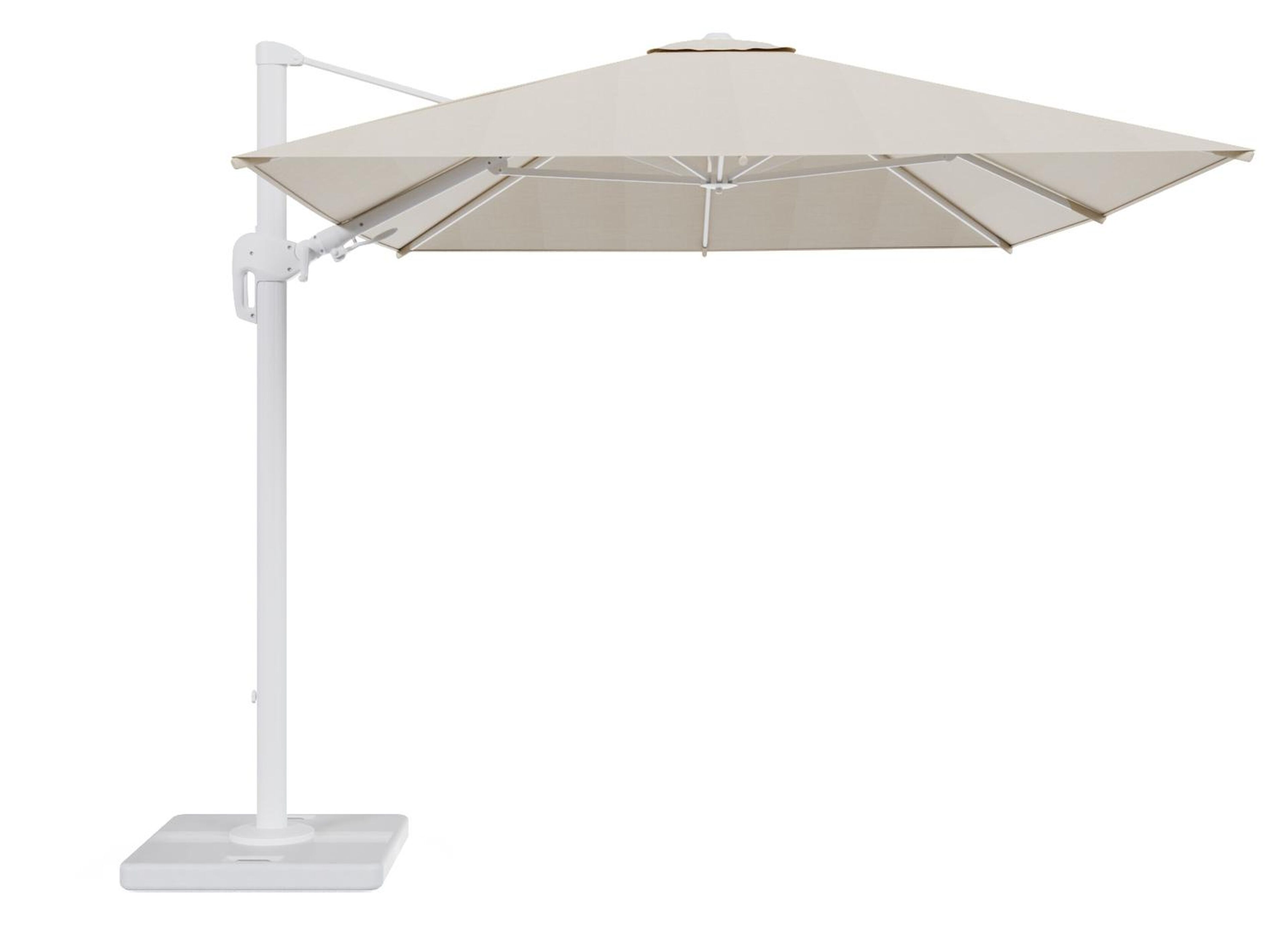 Parasol pendant Rufina avec fonction tilt en aluminium blanc avec toile de parasol en all weather sunbrella® premium beige - Lg.1 350 x Lg.2 250 cm avec pied de parasol Lapido 120 kg