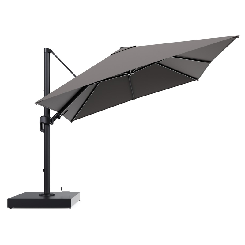 Rufina zweefparasol met tiltfunctie in zwart aluminium en Natte Nature Grey All Weather Sunbrella® Luxe parasoldoek - L1 300 x L2 300 cm met parasolvoet Minore 260 kg met wielen