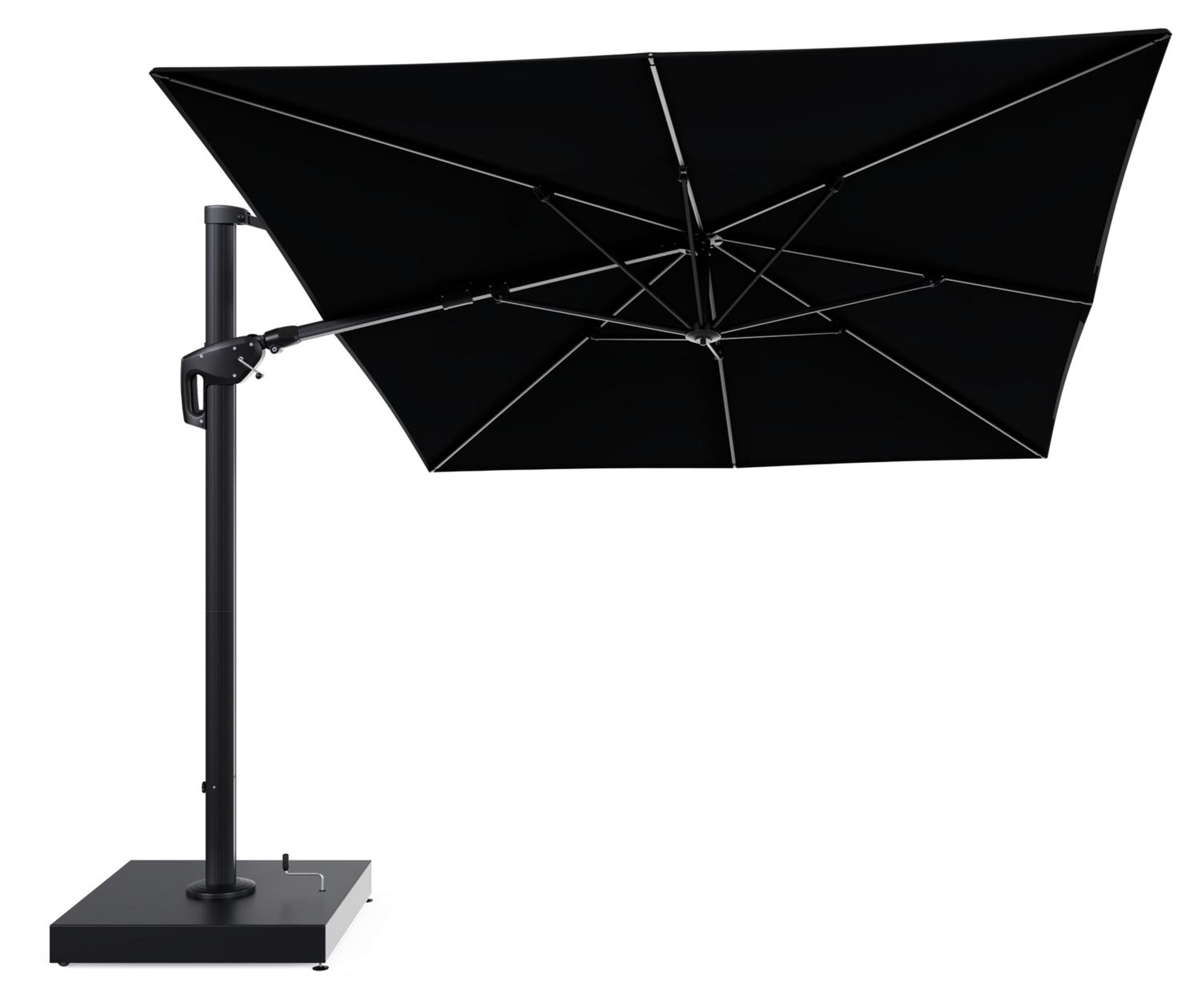 Parasol pendant Minore avec fonction tilt en aluminium noir et toile de parasol All Weather Sunbrella® Premium noir - Lg.1 400 x Lg.2 300 cm avec pied de parasol Minore 260 kg avec roulettes
