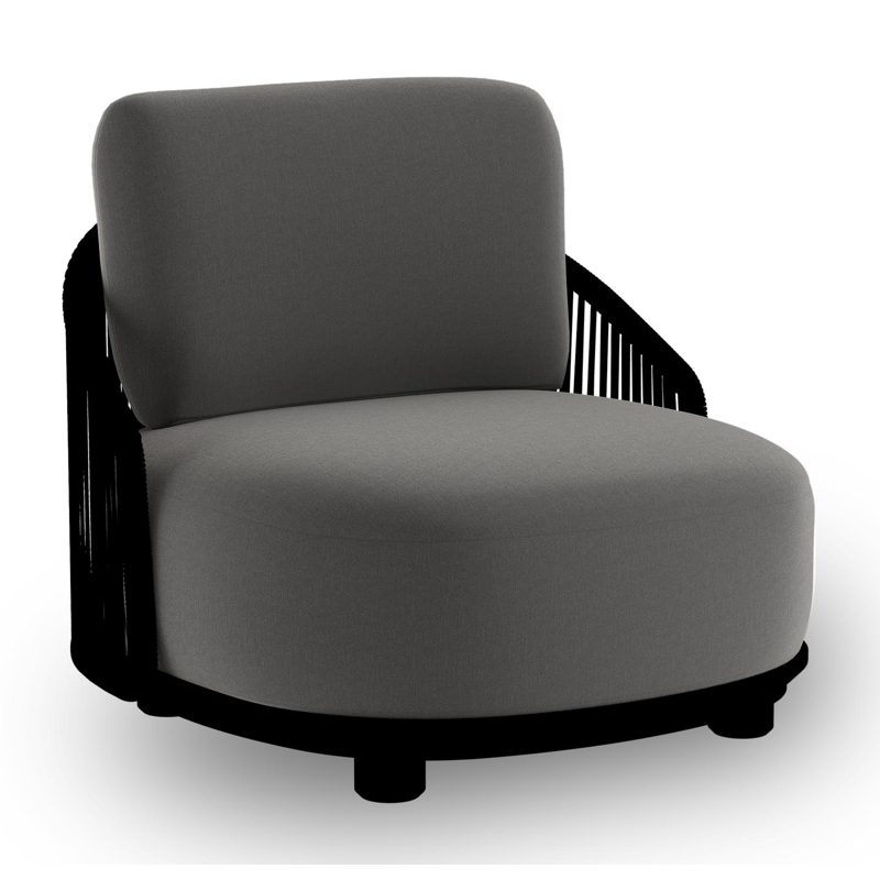 Fauteuil de jardin Vadelo en aluminium noir et corde ronde tissée verticalement noir et coussins en all weather sunbrella® luxe natte charcoal chine