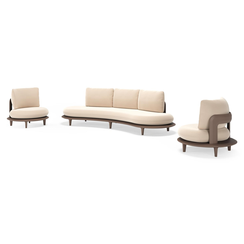 Bomero loungeset in taupe aluminium met natte linen chalk all weather sunbrella® luxe kussen