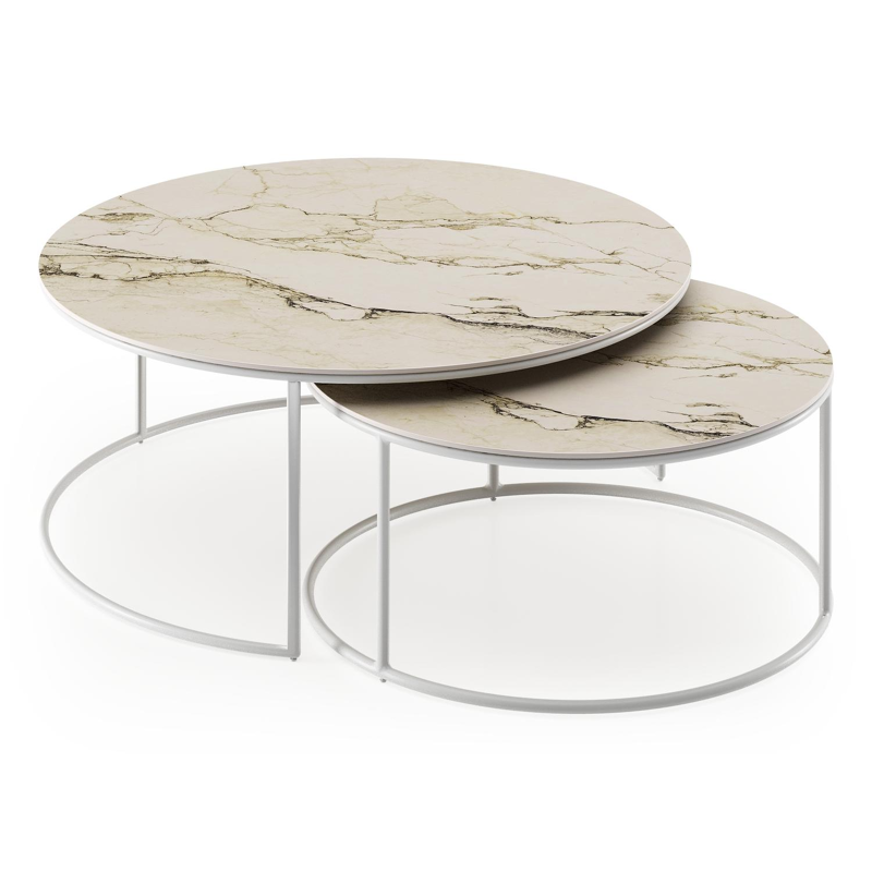 Fano loungetafels in wit aluminium en colorado dunes volkeramiek - Dia. 85/65 x H 35/30 cm