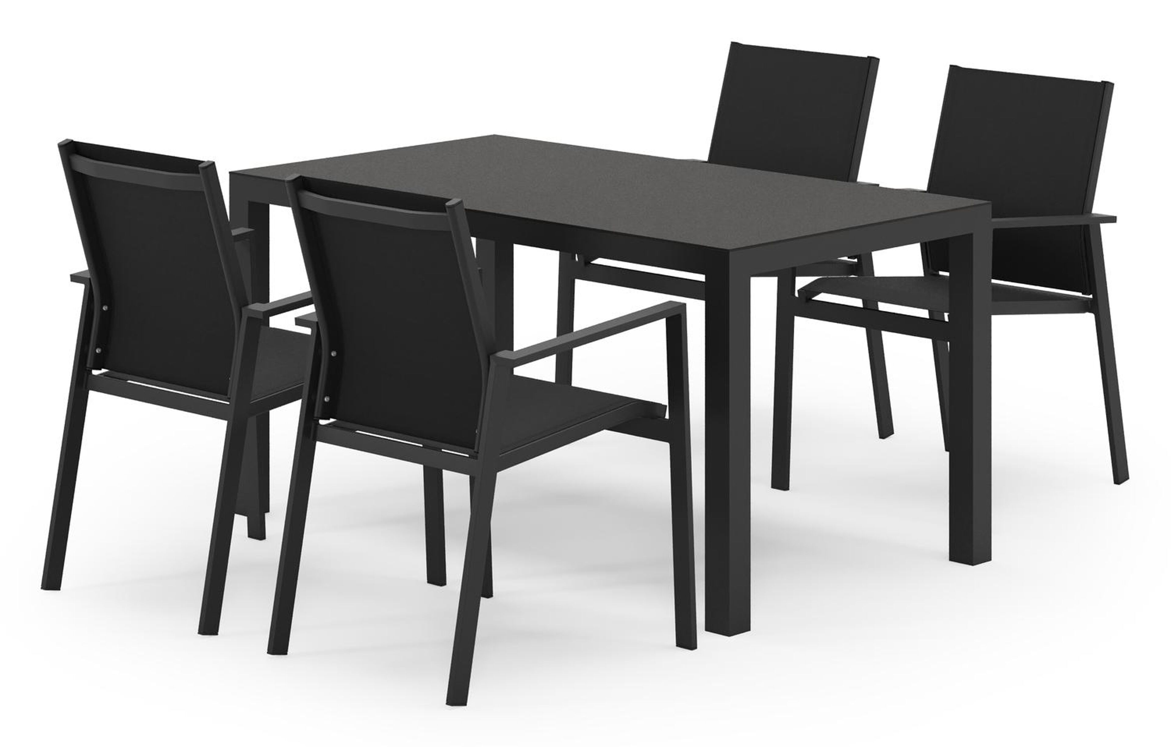 Ensemble de jardin Toma en aluminium noir et sintered stone noir avec 4 chaises de jardin empilable Bahia