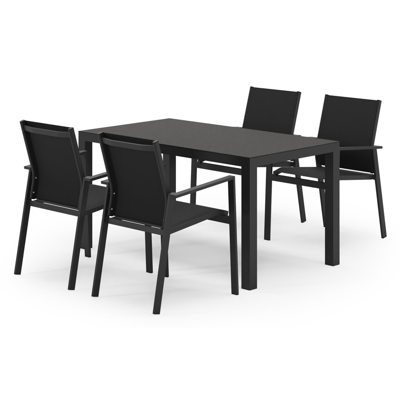 Toma tuinset in zwart aluminium en zwart sintered stone met 4 stapelbare Bahia tuinstoelen