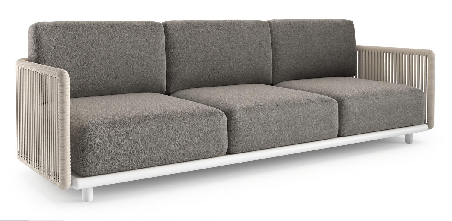 Organo loungebank in wit aluminium en beige verticaal geweven luxe vlakke rope met chartres drizzle all weather Sunbrella® luxe kussen