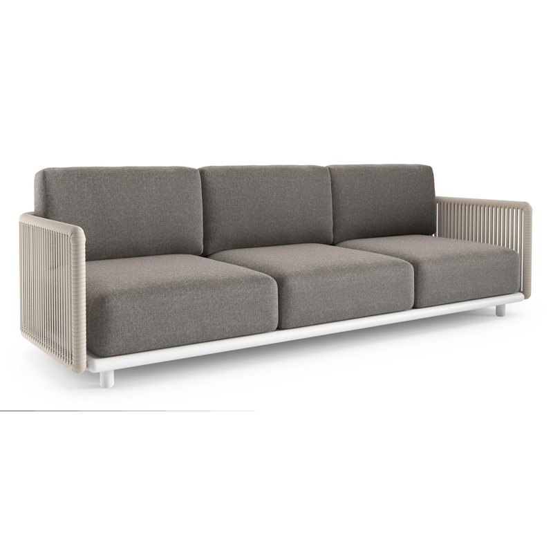 Canapé de jardin Organo en aluminium blanc et corde luxe plate tissée verticalement beige et coussin en all weather Sunbrella® luxe chartres drizzle