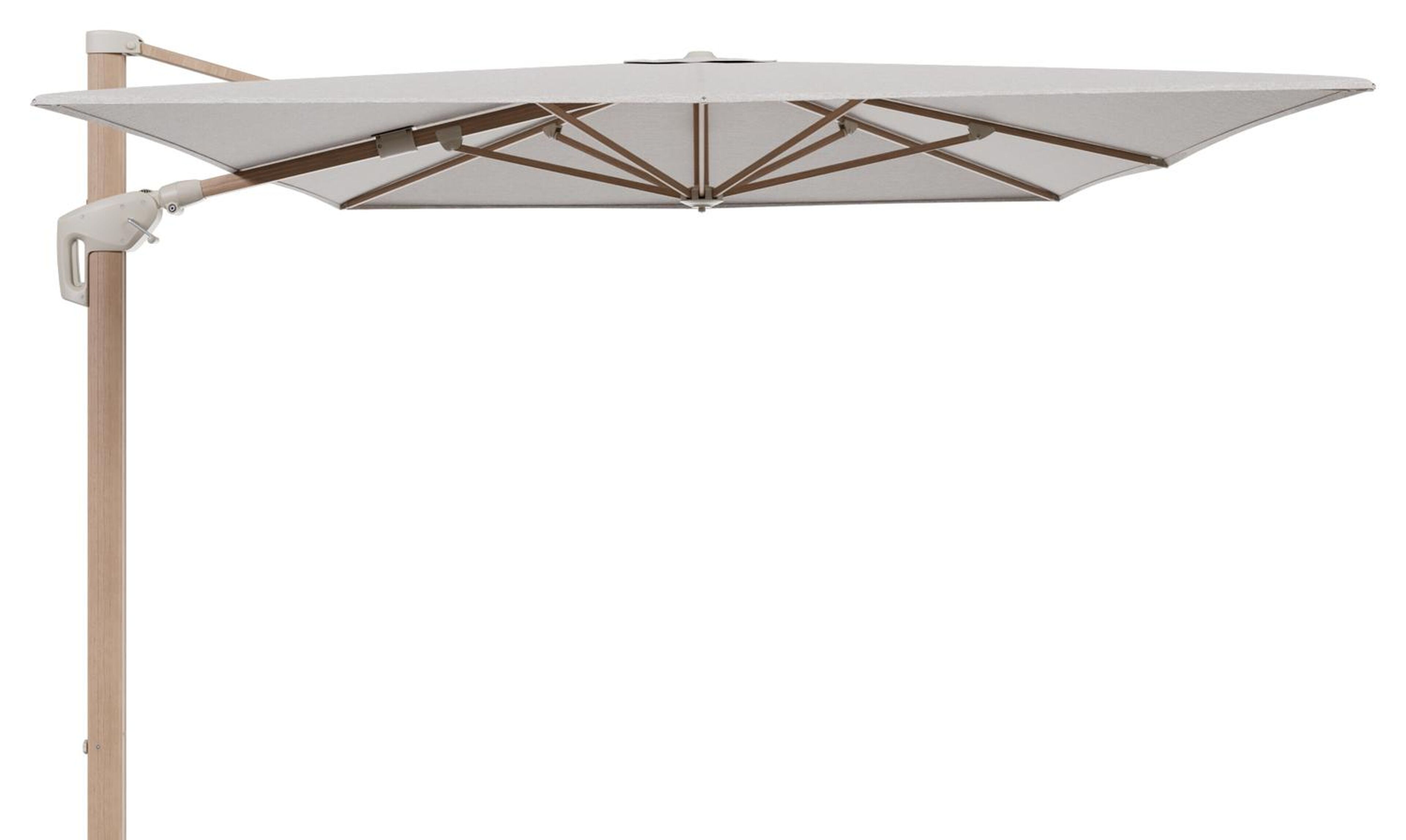 Minore zweefparasol met tiltfunctie in houtlook aluminium en Tundra Sand All Weather Sunbrella® Luxe parasoldoek - L1 400 x L2 300 cm (zonder voet)