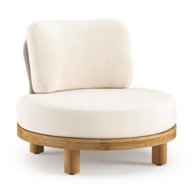 Donato loungestoel in teak en beige verticaal geweven ronde rope met all weather sunbrella® luxe Lopi Snow kussen