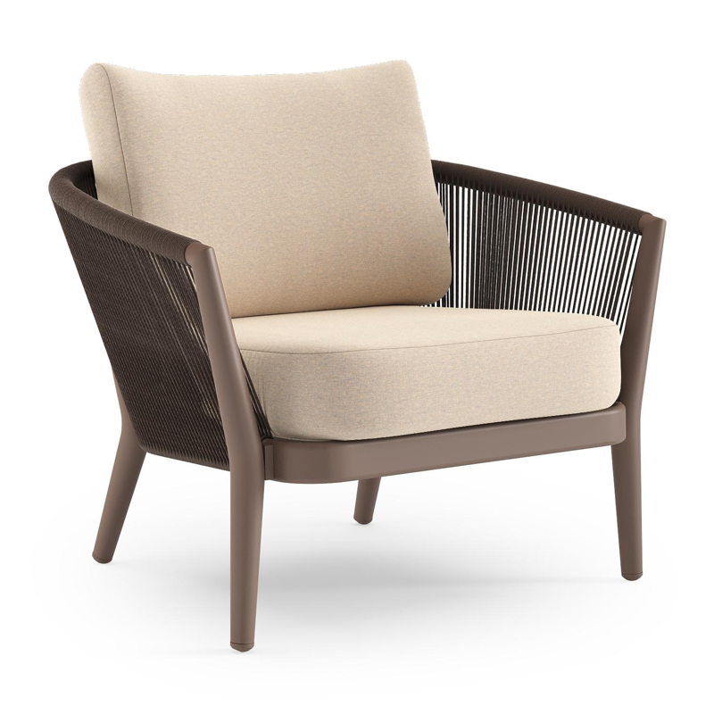 Fauteuil de jardin Orso en aluminium taupe en corde ronde tissée verticalement noir et coussins en all weather sunbrella® luxe Heritage Papyrus