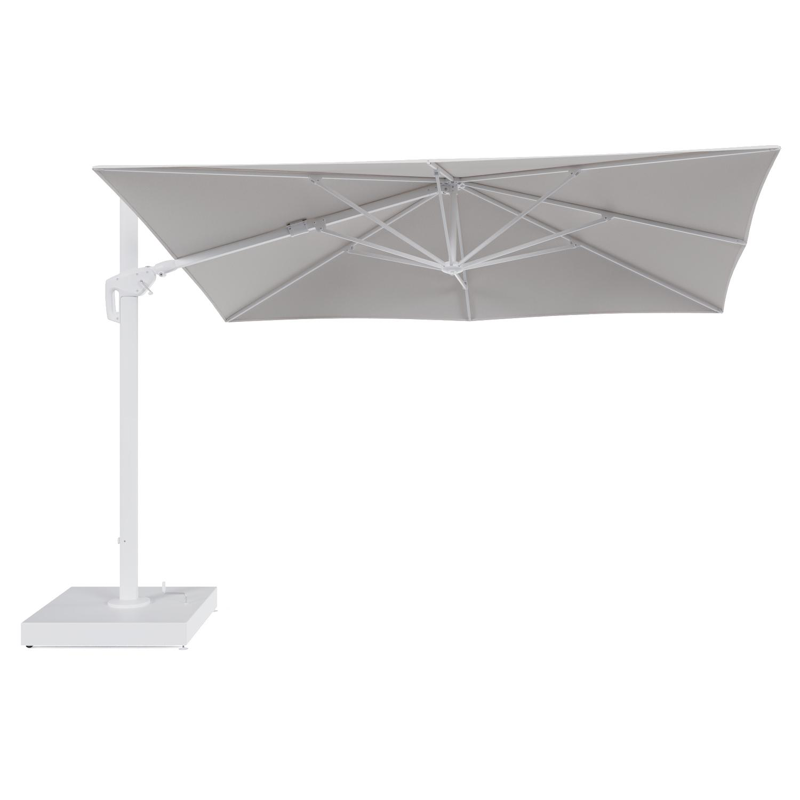 Minore zweefparasol met tiltfunctie in wit aluminium en Ego Eggshell All Weather Solica parasoldoek - L1 280 x L2: 370 cm met parasolvoet Minore 260 kg met wielen