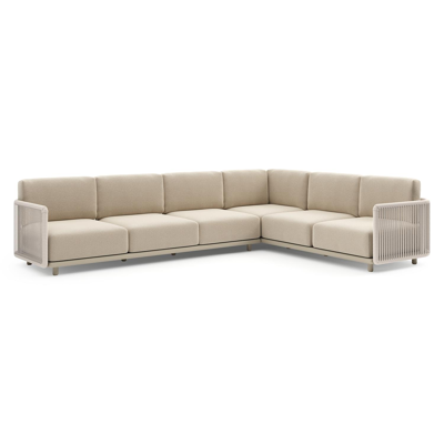 Organo loungehoek in beige aluminium en beige verticaal geweven luxe vlakke rope met althea chalk all weather Cosytica kussen