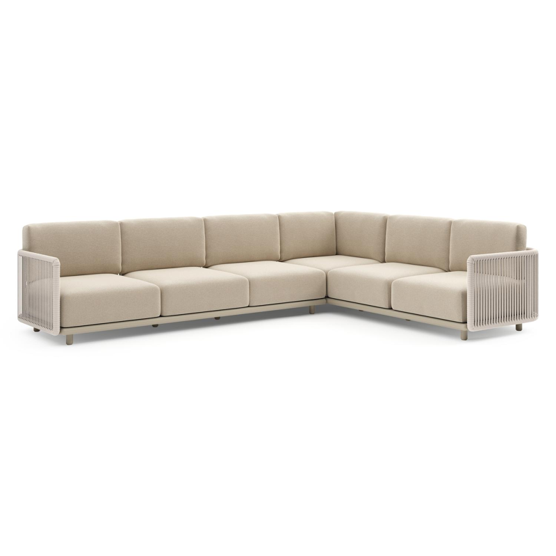 Organo loungehoek in beige aluminium en beige verticaal geweven luxe vlakke rope met althea chalk all weather Cosytica kussen