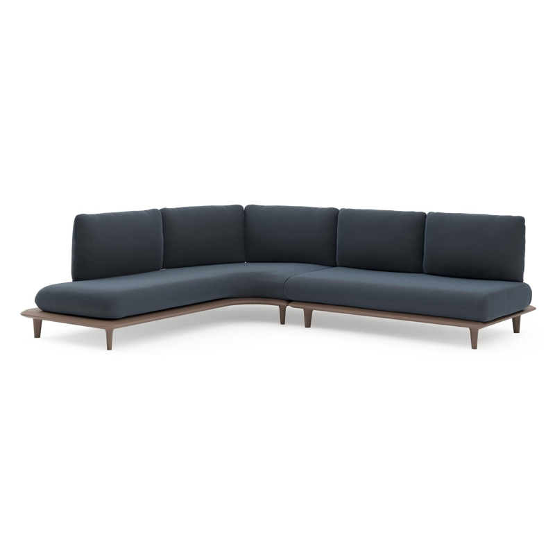 Bomero loungehoek in taupe aluminium met heritage indigo all weather sunbrella® luxe kussen