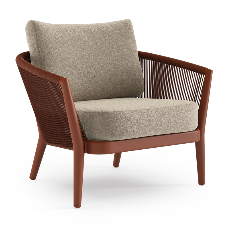 Orso loungestoel in roestbruin aluminium en roestbruin verticaal geweven ronde rope met Marbella Sand all weather cosytica kussen