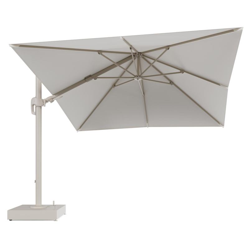 Rufina zweefparasol met tiltfunctie in beige aluminium en Natte White All Weather Sunbrella® Luxe parasoldoek - L1 300 x L2 300 cm met parasolvoet Minore 150 kg met wielen