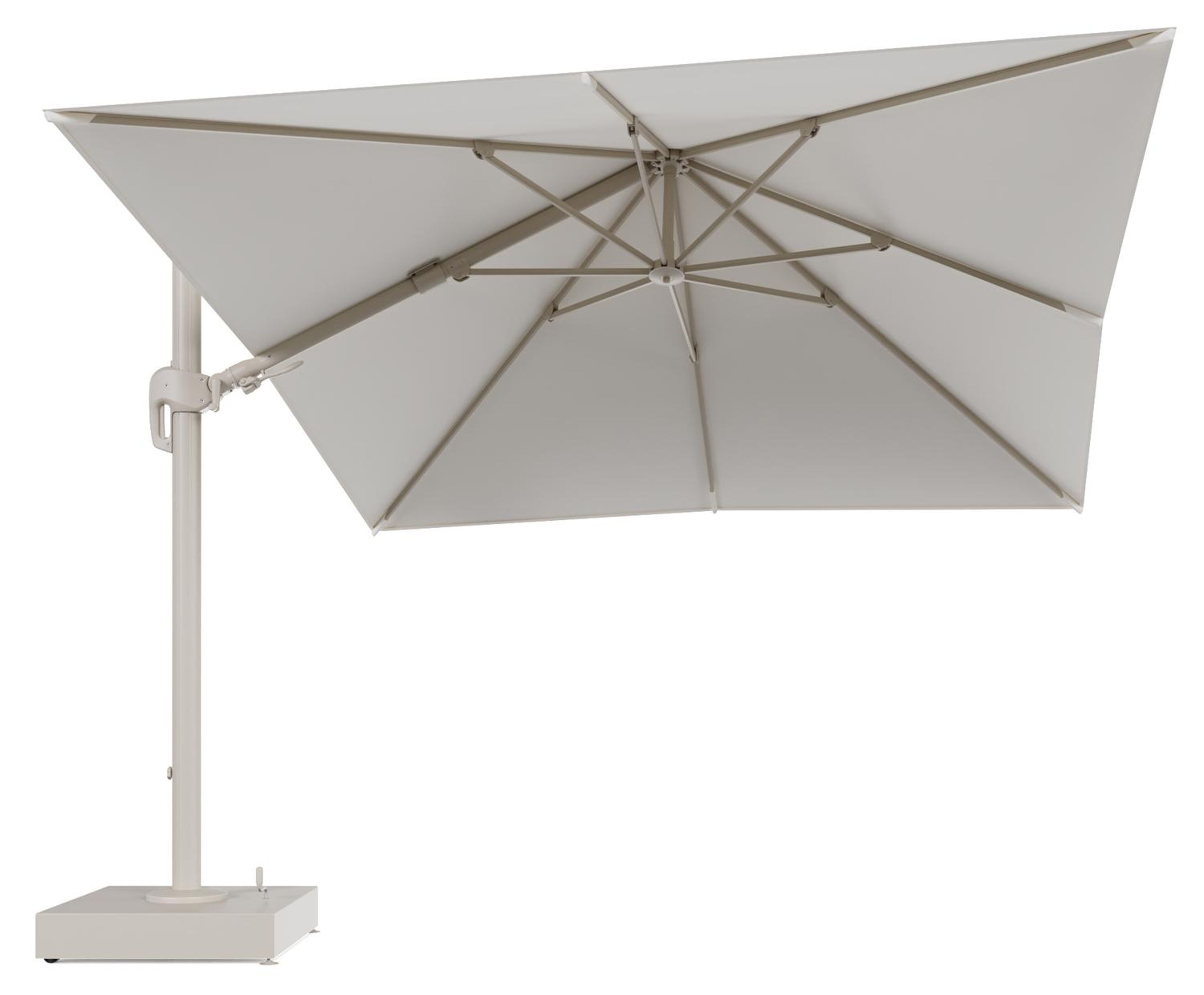 Rufina zweefparasol met tiltfunctie in beige aluminium en Natte White All Weather Sunbrella® Luxe parasoldoek - L1 300 x L2 300 cm met parasolvoet Minore 150 kg met wielen