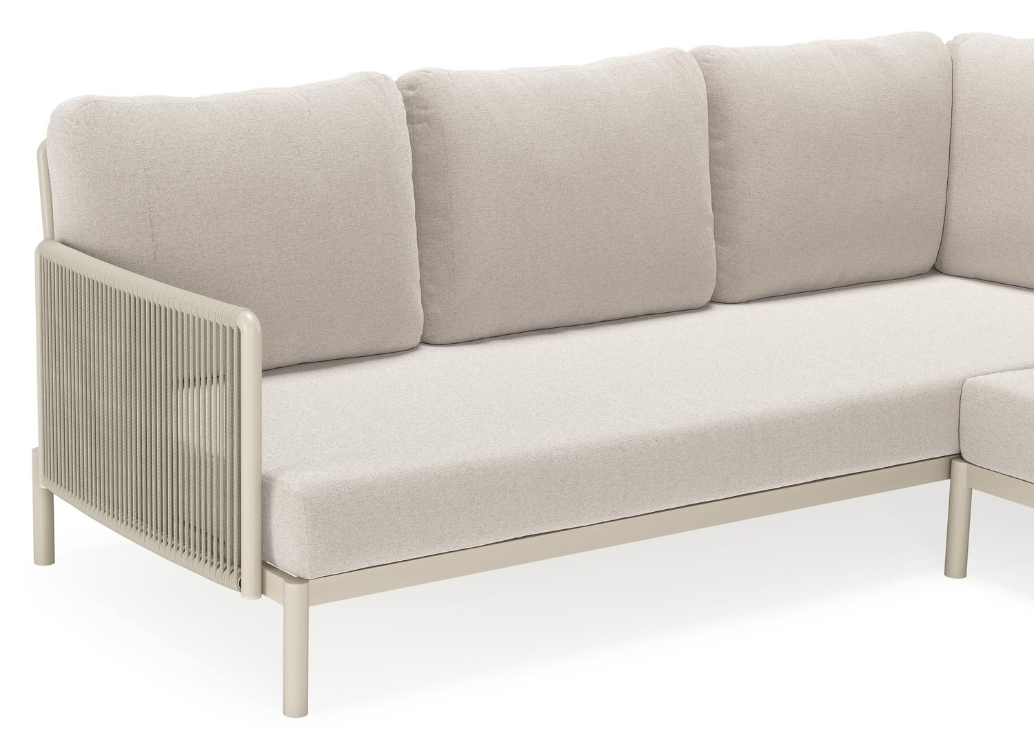 Amarante loungehoek in beige aluminium en beige verticaal geweven ronde rope met beige weather+ softtouch kussens